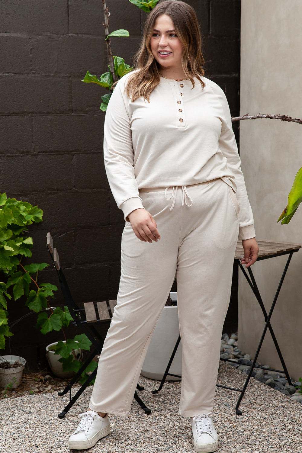 Plus Size Half Button Top and Pants Set-Jewearrings