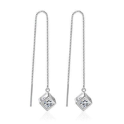 Ear Chain Korean Tassel Diamond Cube Long Earrings Fashion Simple Ear Line Silver Ear Jewelry Lot-Jewearrings