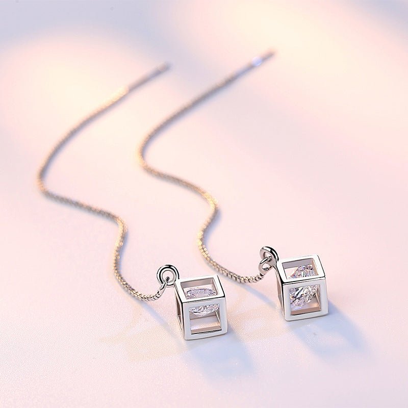 Ear Chain Korean Tassel Diamond Cube Long Earrings Fashion Simple Ear Line Silver Ear Jewelry Lot-Jewearrings