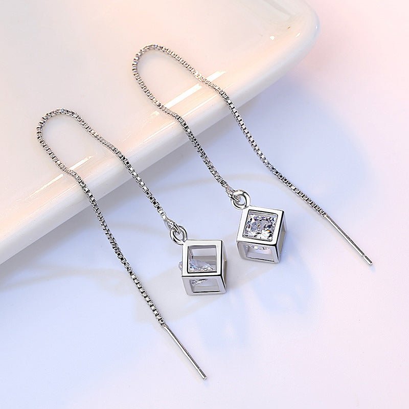 Ear Chain Korean Tassel Diamond Cube Long Earrings Fashion Simple Ear Line Silver Ear Jewelry Lot-Jewearrings