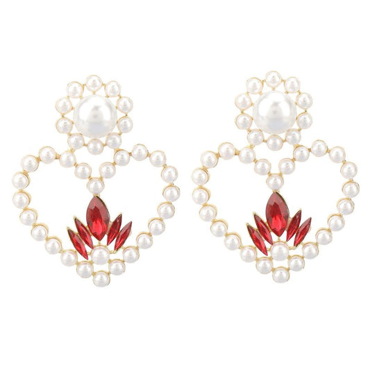 Earrings Heart-shaped Alloy Diamond-set Glass Diamond Imitation Pearl Earrings-Jewearrings