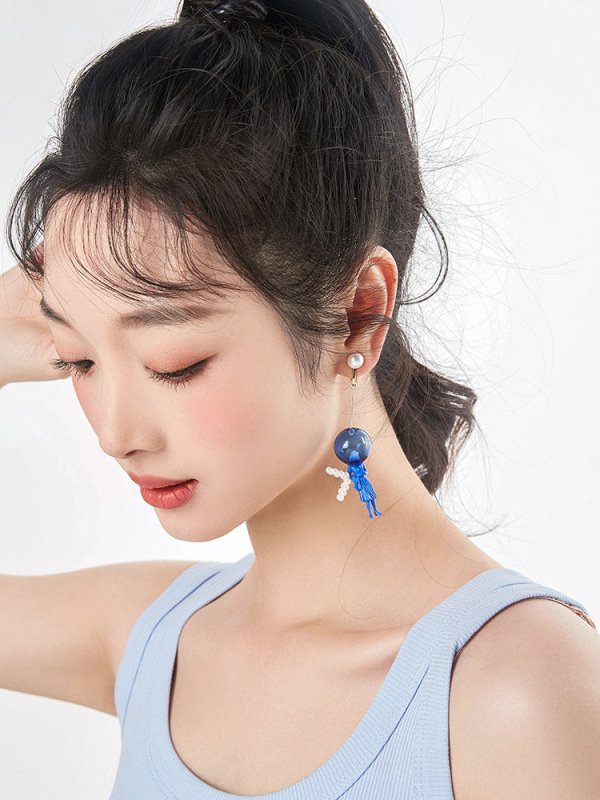 Earrings Long Statement Pearl Blue-Jewearrings