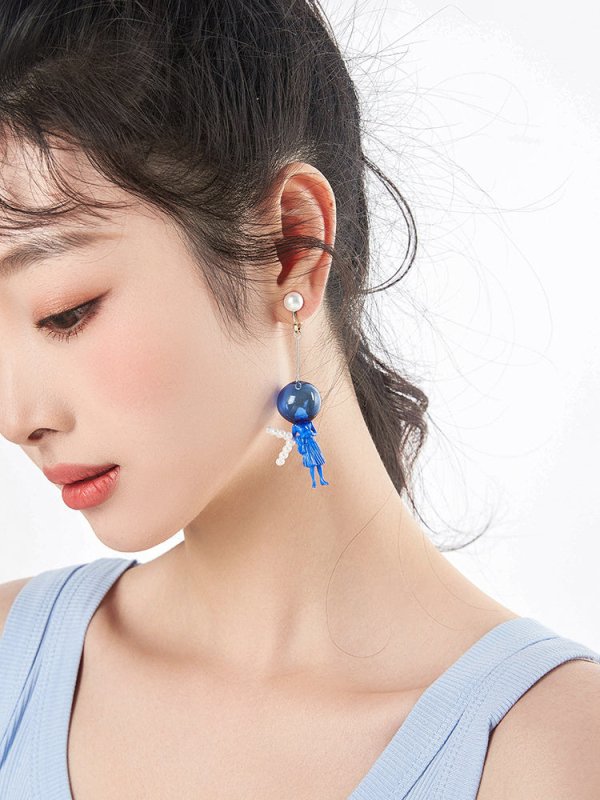 Earrings Long Statement Pearl Blue-Jewearrings