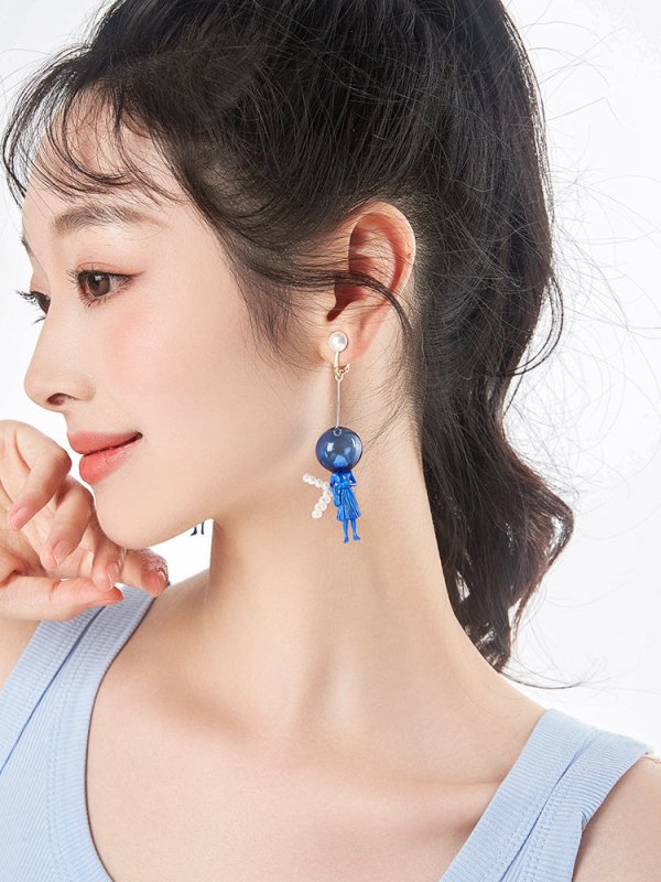 Earrings Long Statement Pearl Blue-Jewearrings