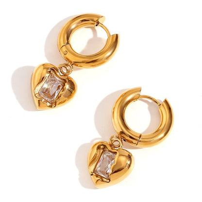 Earrings Stainless Steel 18K Gold Plating Cast Peach Heart Zircon Pendant Ear Ring-Jewearrings