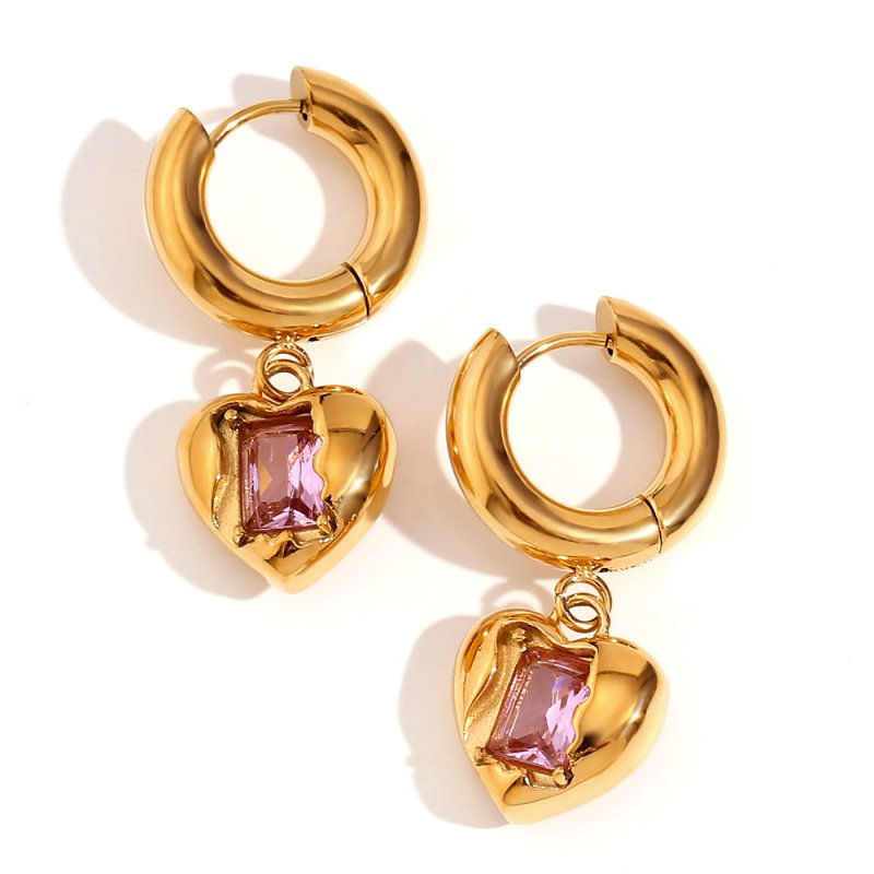 Earrings Stainless Steel 18K Gold Plating Cast Peach Heart Zircon Pendant Ear Ring-Jewearrings