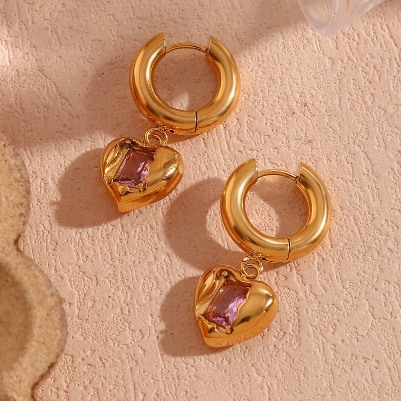 Earrings Stainless Steel 18K Gold Plating Cast Peach Heart Zircon Pendant Ear Ring-Jewearrings