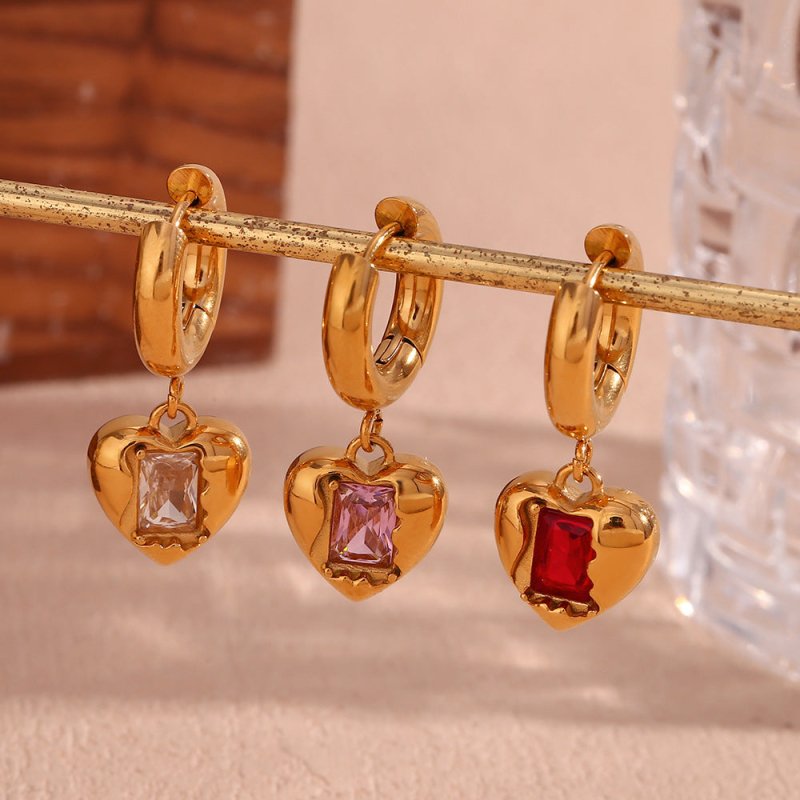 Earrings Stainless Steel 18K Gold Plating Cast Peach Heart Zircon Pendant Ear Ring-Jewearrings