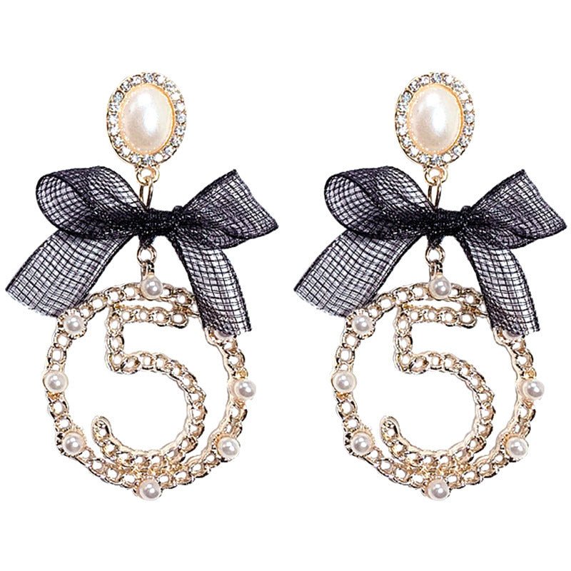 East Gate Bowknot Pearl Digital Circle Gold Fashion Personality Exaggeration Net Red Earrings Girl-Jewearrings