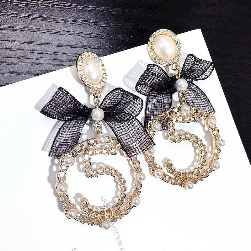 East Gate Bowknot Pearl Digital Circle Gold Fashion Personality Exaggeration Net Red Earrings Girl-Jewearrings