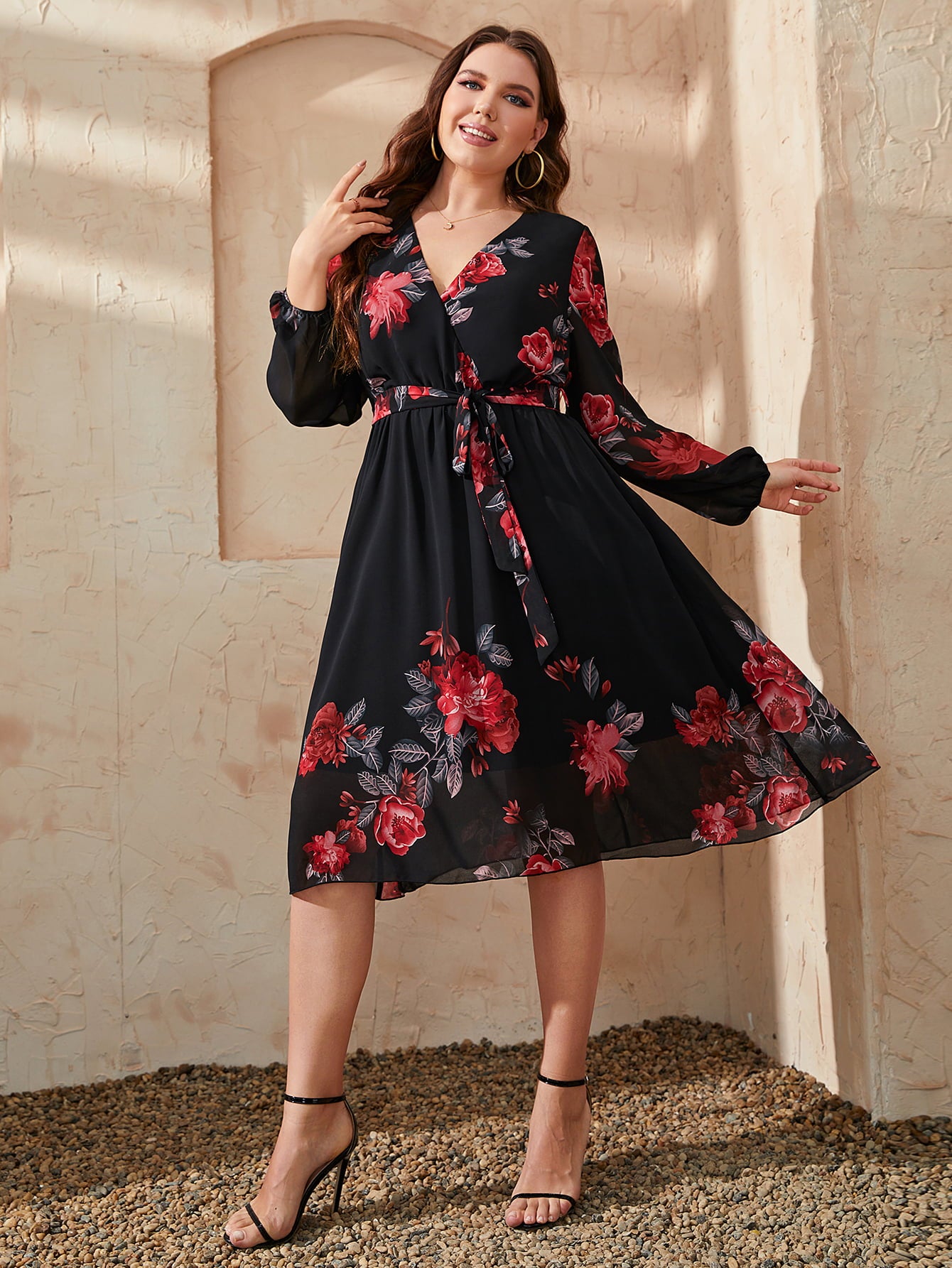 Plus Size Floral Surplice Neck Tie Waist Dress-Jewearrings