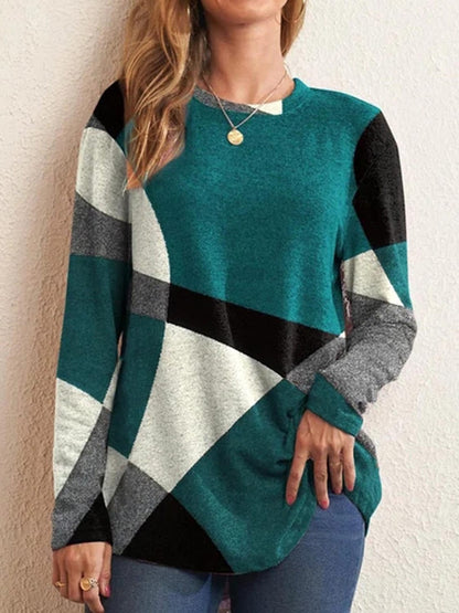 Geometric Round Neck Long Sleeve T-Shirt-Jewearrings