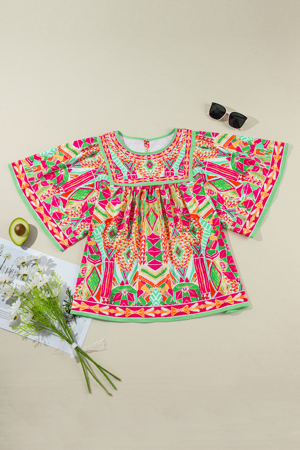 Plus Size Printed Round Neck Half Sleeve Blouse-Jewearrings