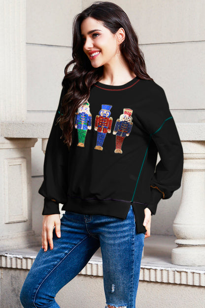 Sequin Nutcracker Round Neck Slit Sweatshirt-Jewearrings