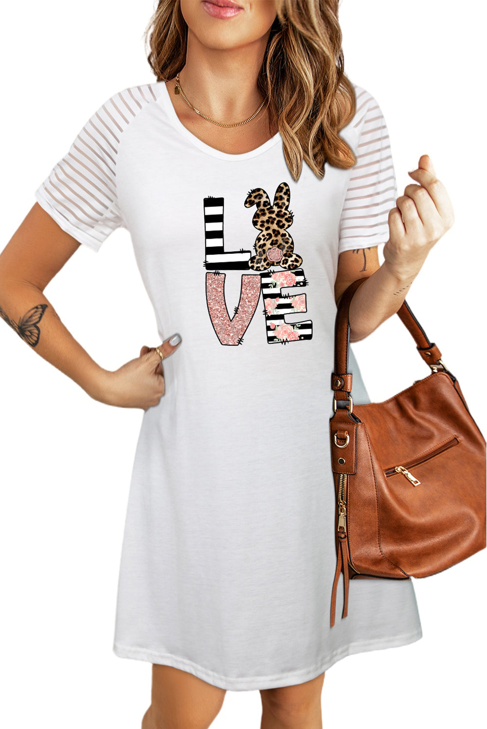 Easter Graphic Sheer Striped T-Shirt Dress-Jewearrings