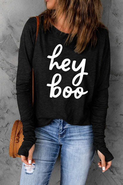 HEY BOO Graphic Round Neck T-Shirt-Jewearrings