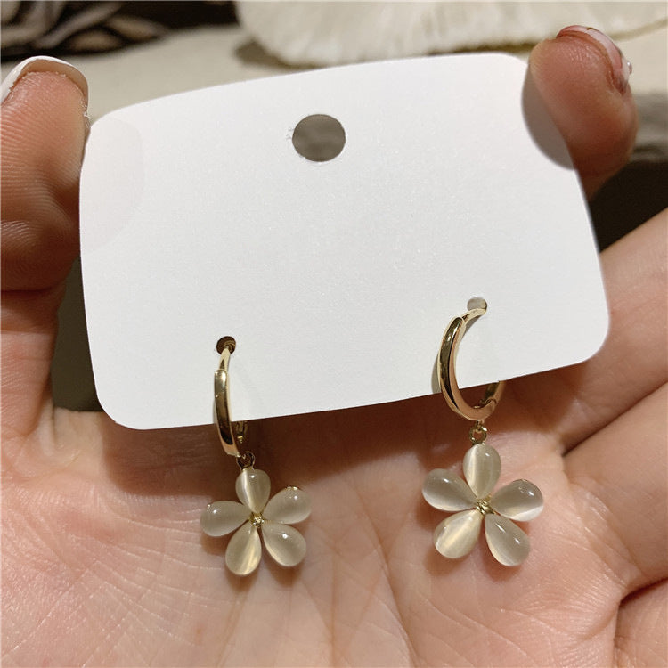 Cat's Eye Stone Five Petal Flower Earrings S925 Silver Needle-Jewearrings