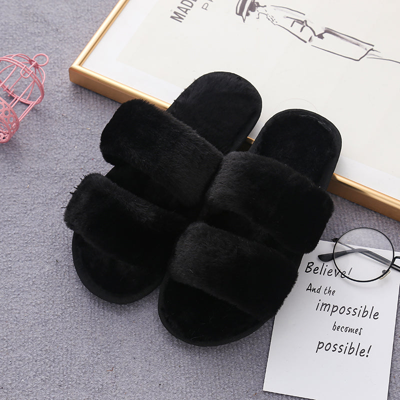 Faux Fur Double Strap Slippers-Jewearrings