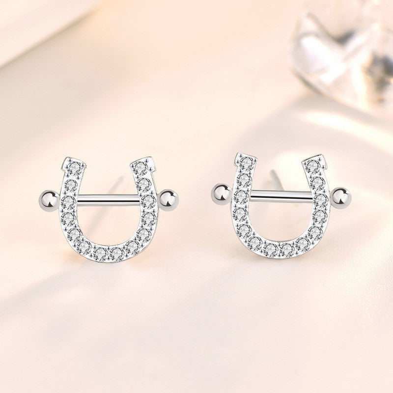 S925 Sterling Silver Mini Zircon Horseshoe Stud Earrings Female Personality-Jewearrings