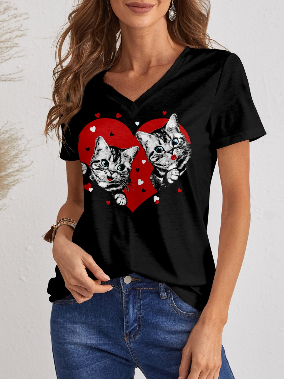 Cat V-Neck Short Sleeve T-Shirt-Jewearrings