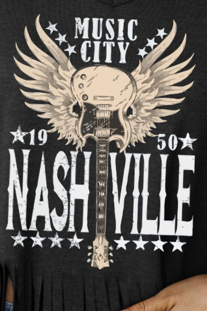 MUSIC CITY 1950 NASHVILLE Graphic Fringe Hem Tee-Jewearrings