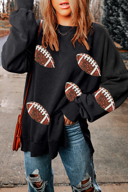 Sequin Football Patch Slit Sweatshirt-Jewearrings