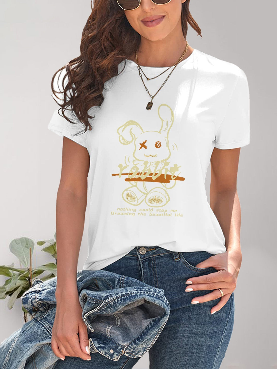 Rabbit Graphic Round Neck Short Sleeve T-Shirt-Jewearrings