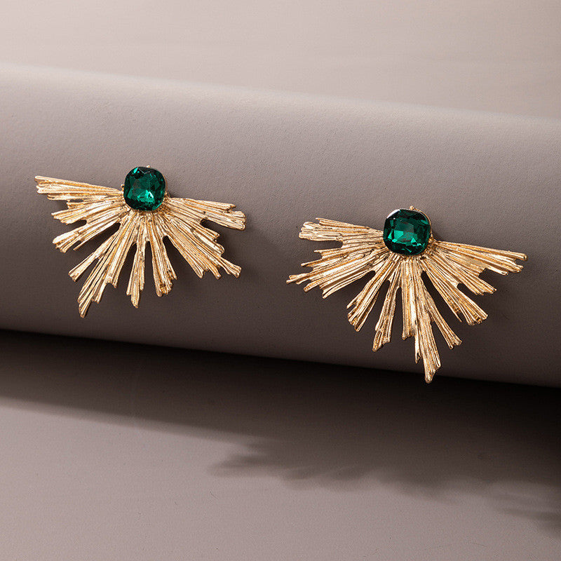 Irregular Semicircle Fan-shaped Emerald Ins Wind Alloy Earrings-Jewearrings