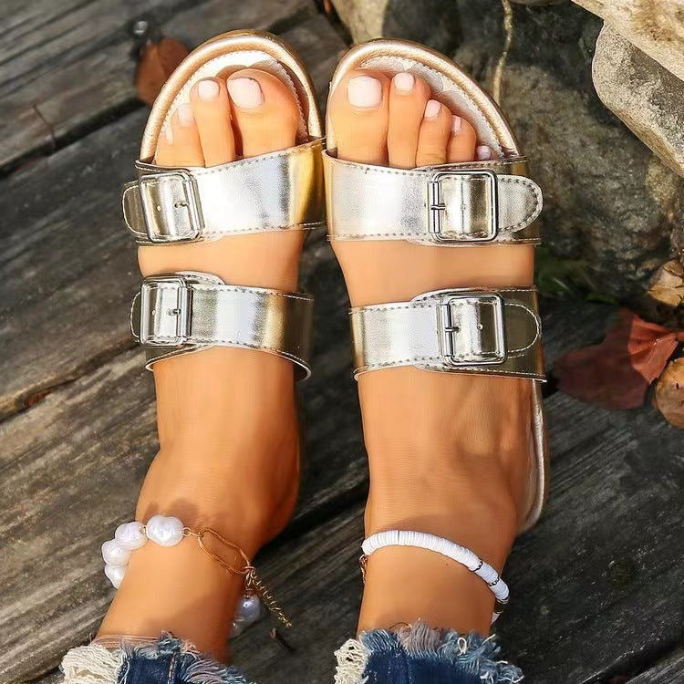 Open Toe Double Buckle Sandals-Jewearrings