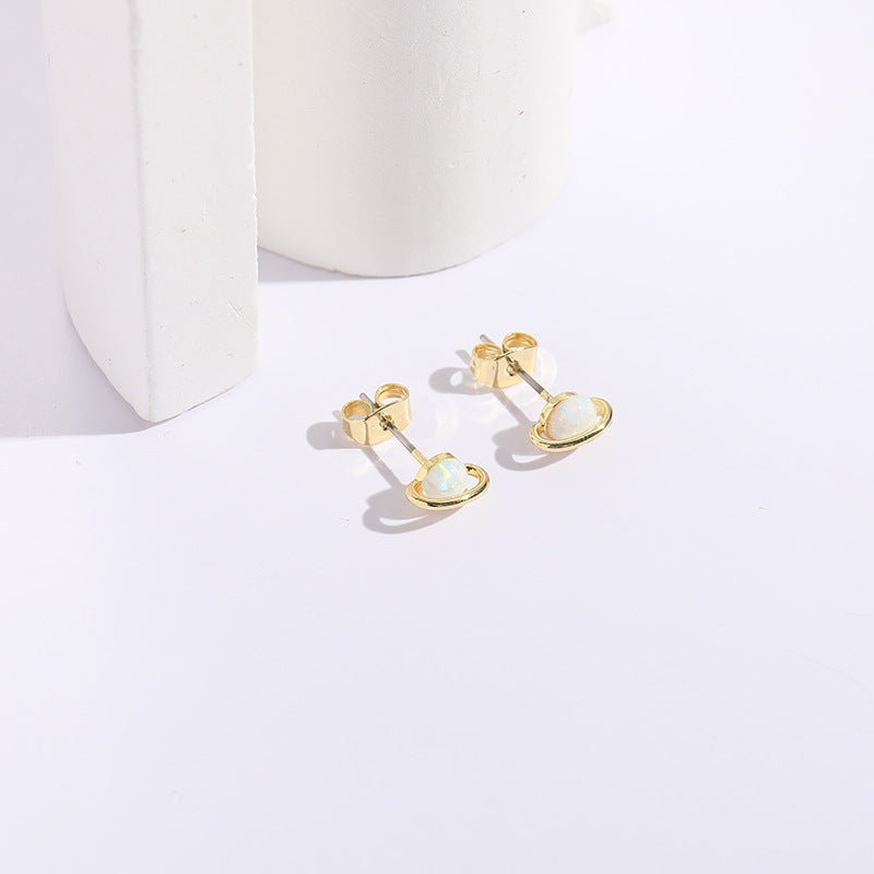 Minimalist White Fire Opal Planet Stud Earrings-Jewearrings