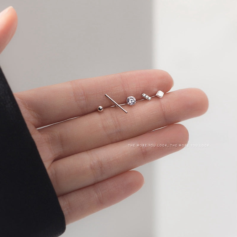 S925 Silver Fashion Small Geometric Small Stud Earrings Female Temperament Ear-caring Student Sweet Earrings-Jewearrings