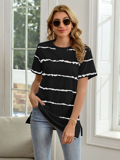 Striped Round Neck Short Sleeve T-Shirt-Jewearrings