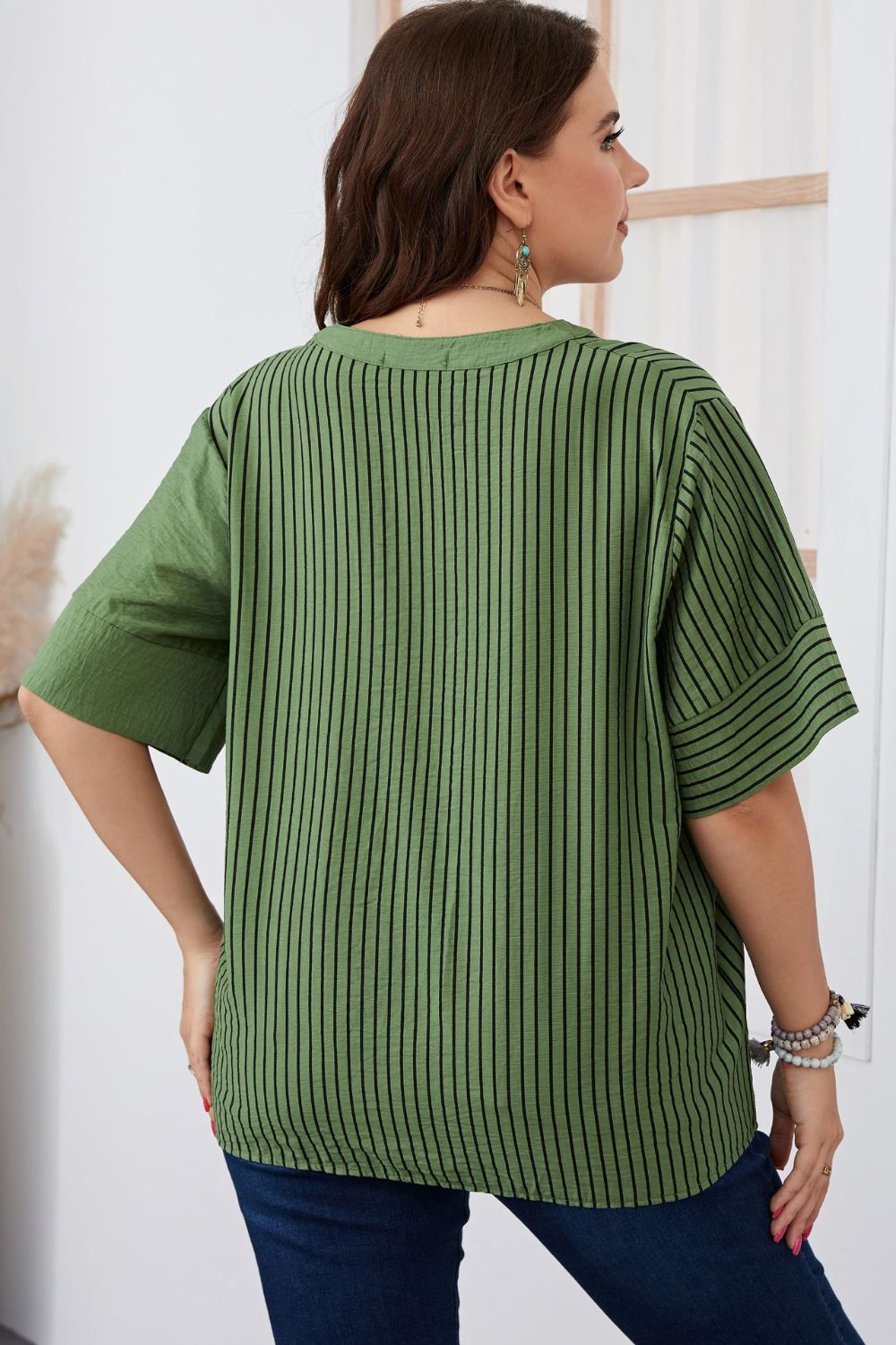 Plus Size Striped Notched Neck Half Sleeve Top-Jewearrings