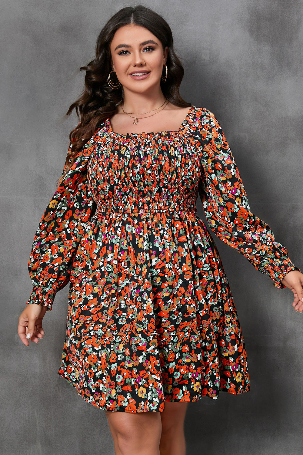 Plus Size Floral Square Neck Smocked Mini Dress-Jewearrings