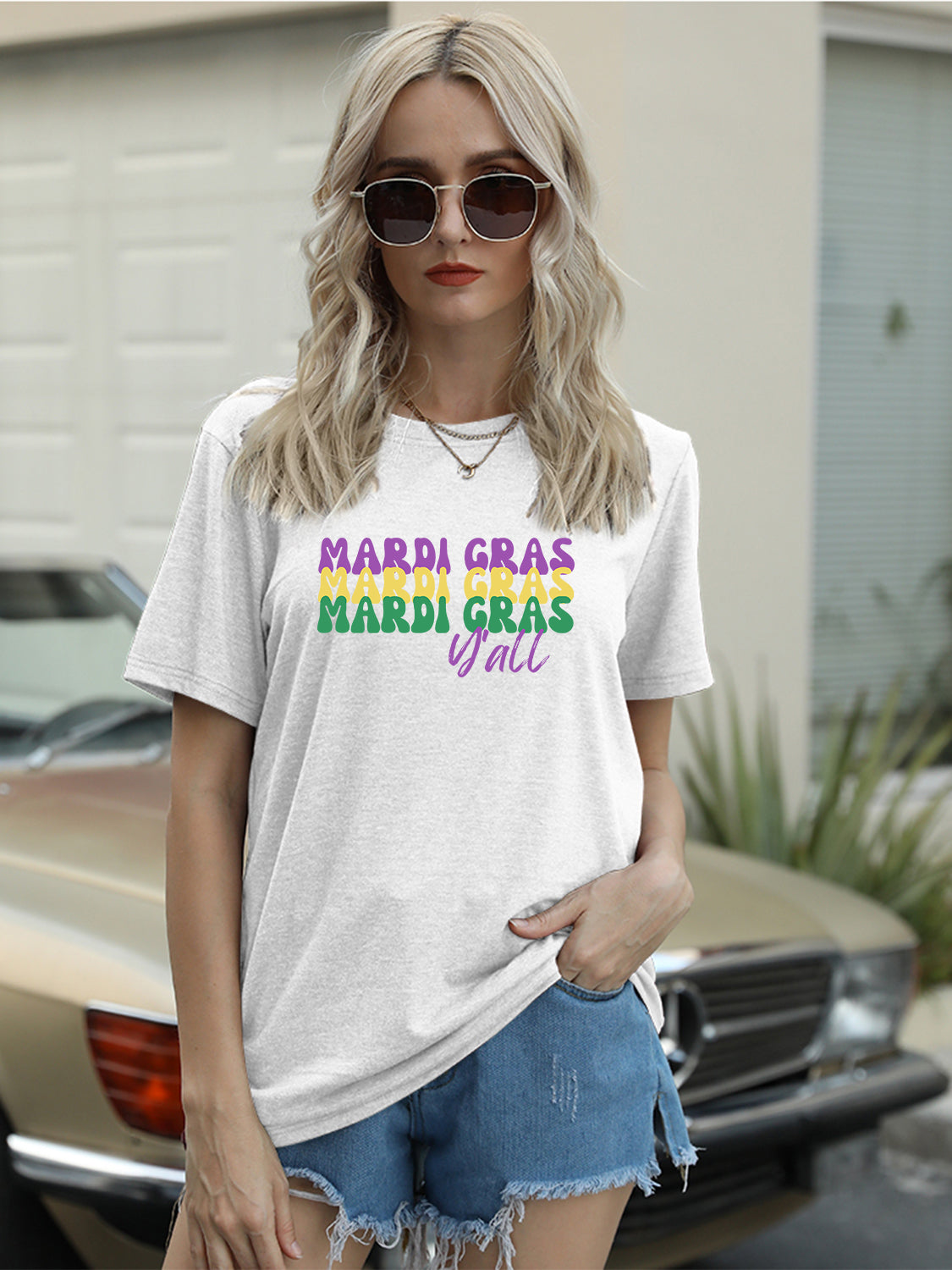 Full Size MARDI GRAS Y'ALL Round Neck T-Shirt-Jewearrings