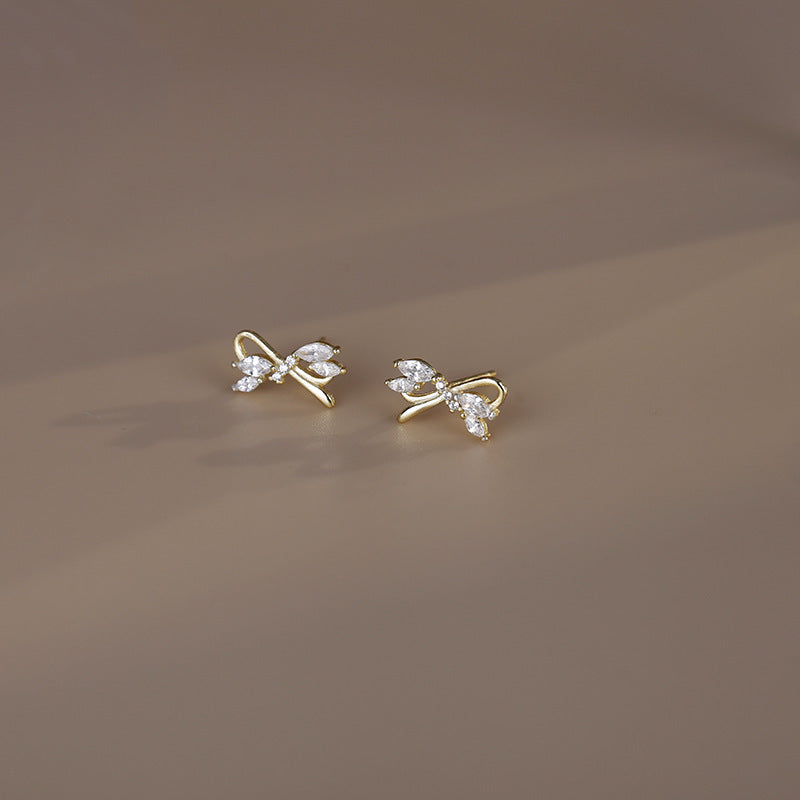 Silver Delicate Zircon Cutout Bow Stud Earrings-Jewearrings