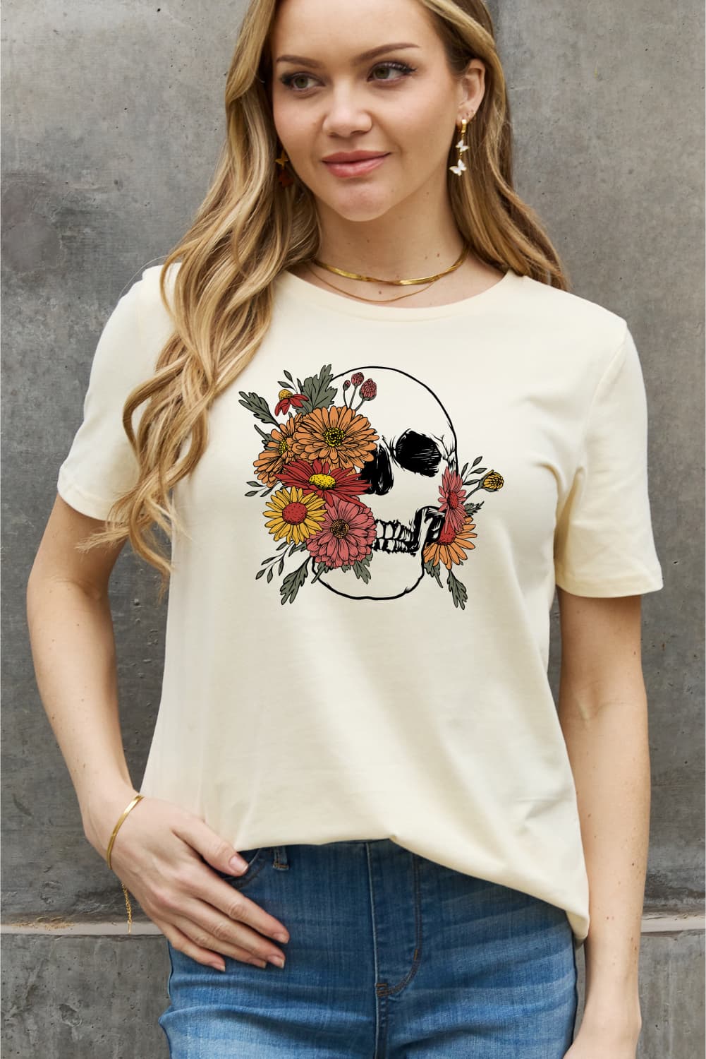 Simply Love Full Size Flower Skull Graphic Cotton Tee-Jewearrings