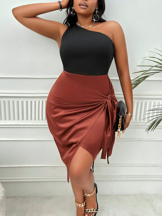 Plus Size One-Shoulder Sleeveless Tied Dress-Jewearrings