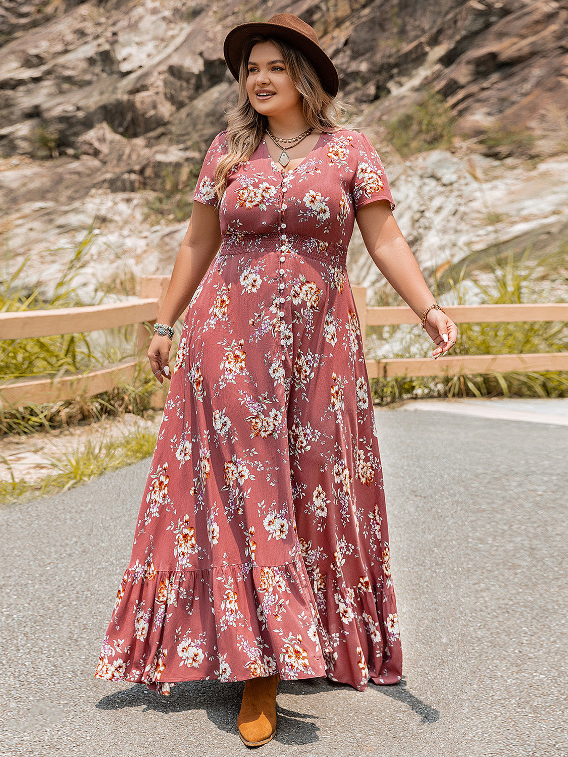 Plus Size Floral Slit Ruffle Hem Dress-Jewearrings