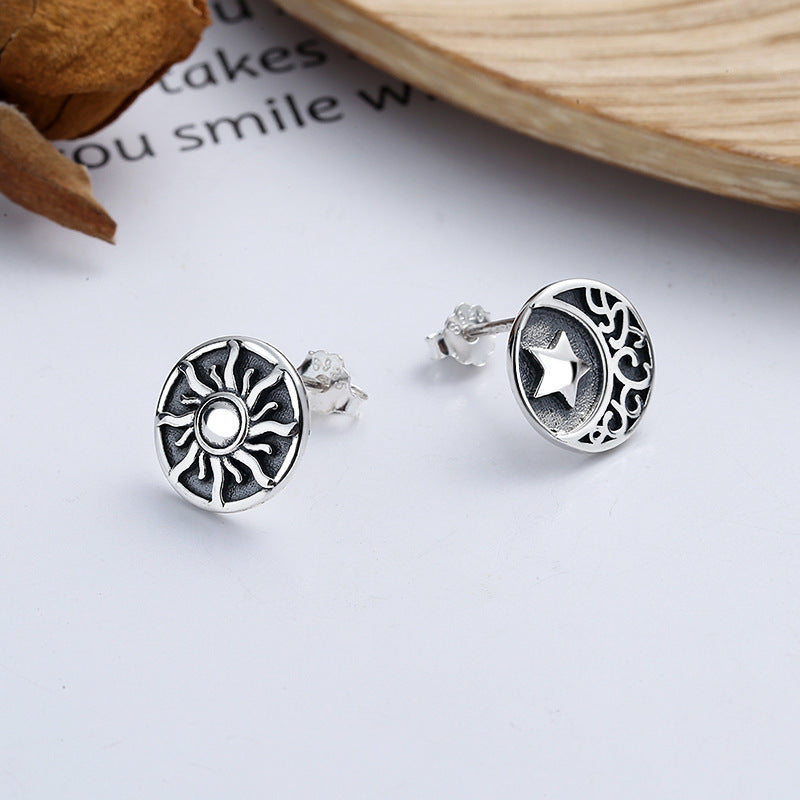 S925 Sterling Silver Vintage Totem Sun Star Stud Earrings-Jewearrings