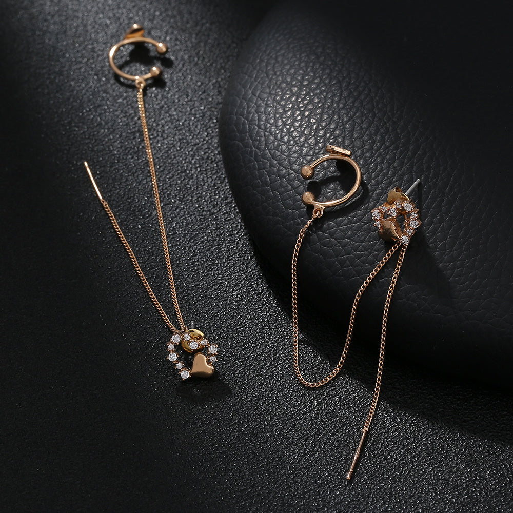 Cross Border Jewelry Wholesale Niche Design Copper Micro Inlaid Zircon Love Ear Bone Clip Long Tassel Ear Line Fashion Versatile Earrings-Jewearrings