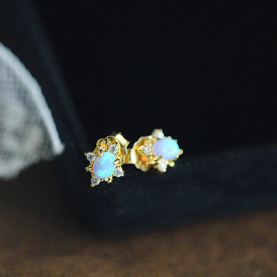 Vintage Delicate Opal 925 Sterling Silver Gold Plated Stud Earrings-Jewearrings