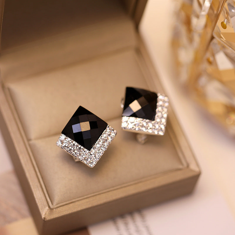 Square Stud Earrings Female S990 Sterling Silver Black-Jewearrings