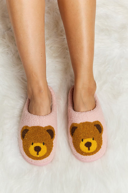 Melody Teddy Bear Print Plush Slide Slippers-Jewearrings