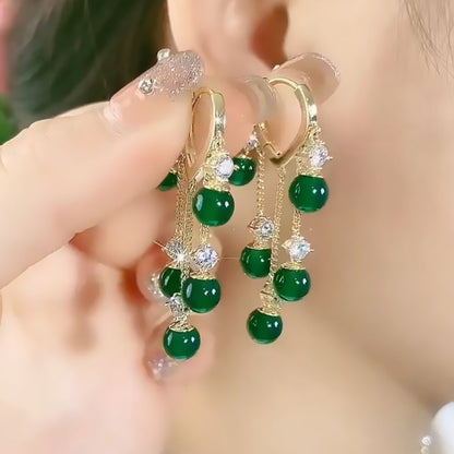 Niche Design Emerald Opal All-match Heart-shaped Tassel Earrings-Jewearrings