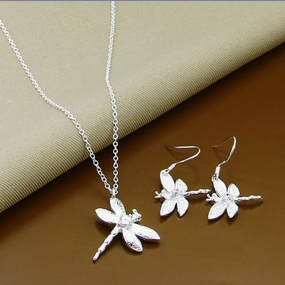 Silver Plated Five Leaf Flower Necklace Earrings Set-Jewearrings