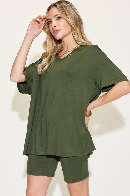 Basic Bae Full Size V-Neck Drop Shoulder T-Shirt and Shorts Set-Jewearrings