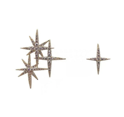 Sterling Silver Needle Shiny Asymmetric Stars Earrings-Jewearrings