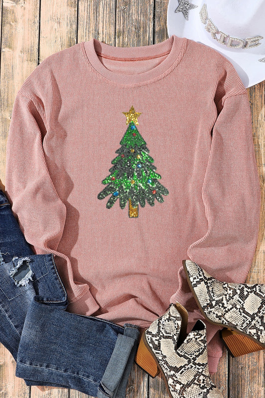 Sequin Christmas Tree Ribbed Drop Shoulder Sweatshirt-Jewearrings