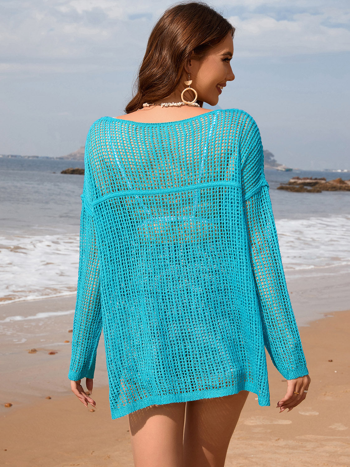 Openwork Slit Boat Neck Long Sleeve Cover-Up-Jewearrings